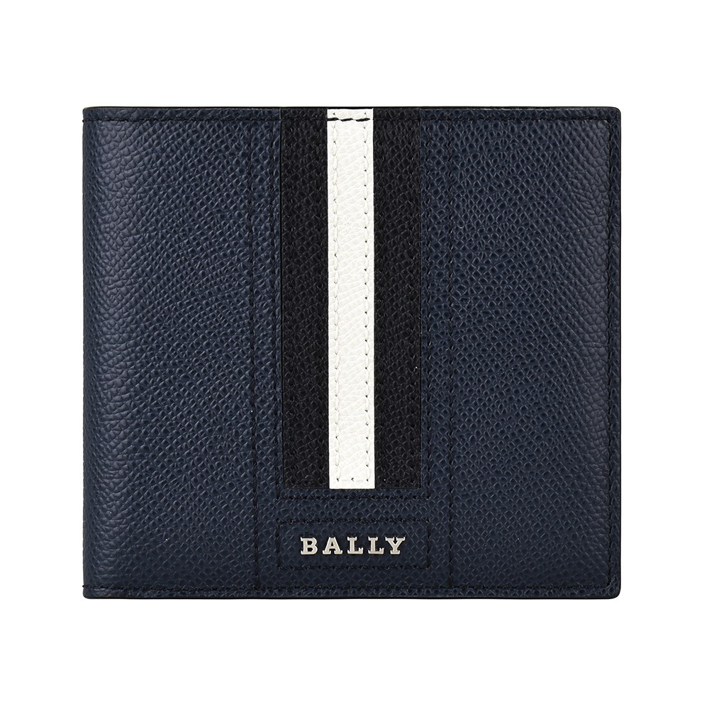 BALLY TRASAI銀字LOGO牛皮飾黑白條紋8卡對折短夾(海軍藍)