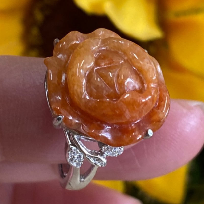 天然翡翠A貨，無燒紅翡 花戒 925銀水鑽戒指，玫瑰花 活動圍，緬甸玉手戒指