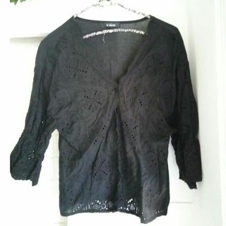 「約9成新 」 日本購回 W closet 黑色100%棉 糖果袖 鏤空蕾絲 花瓣領口 七分袖全排扣造型襯衫上衣