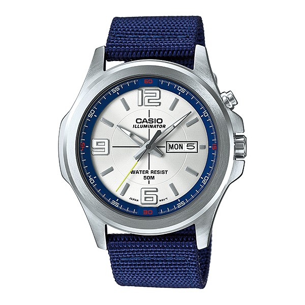 SIO WATCH 卡西歐清晰LED照明防水50M中性石英藍帆布帶腕錶 型號：MTP-E202-2A