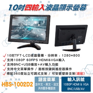 <臺灣現貨 快速出貨>HBS-1002D2 10吋五合一IPS液晶顯示器支援VGA/HDMI/AV/USB/BNC