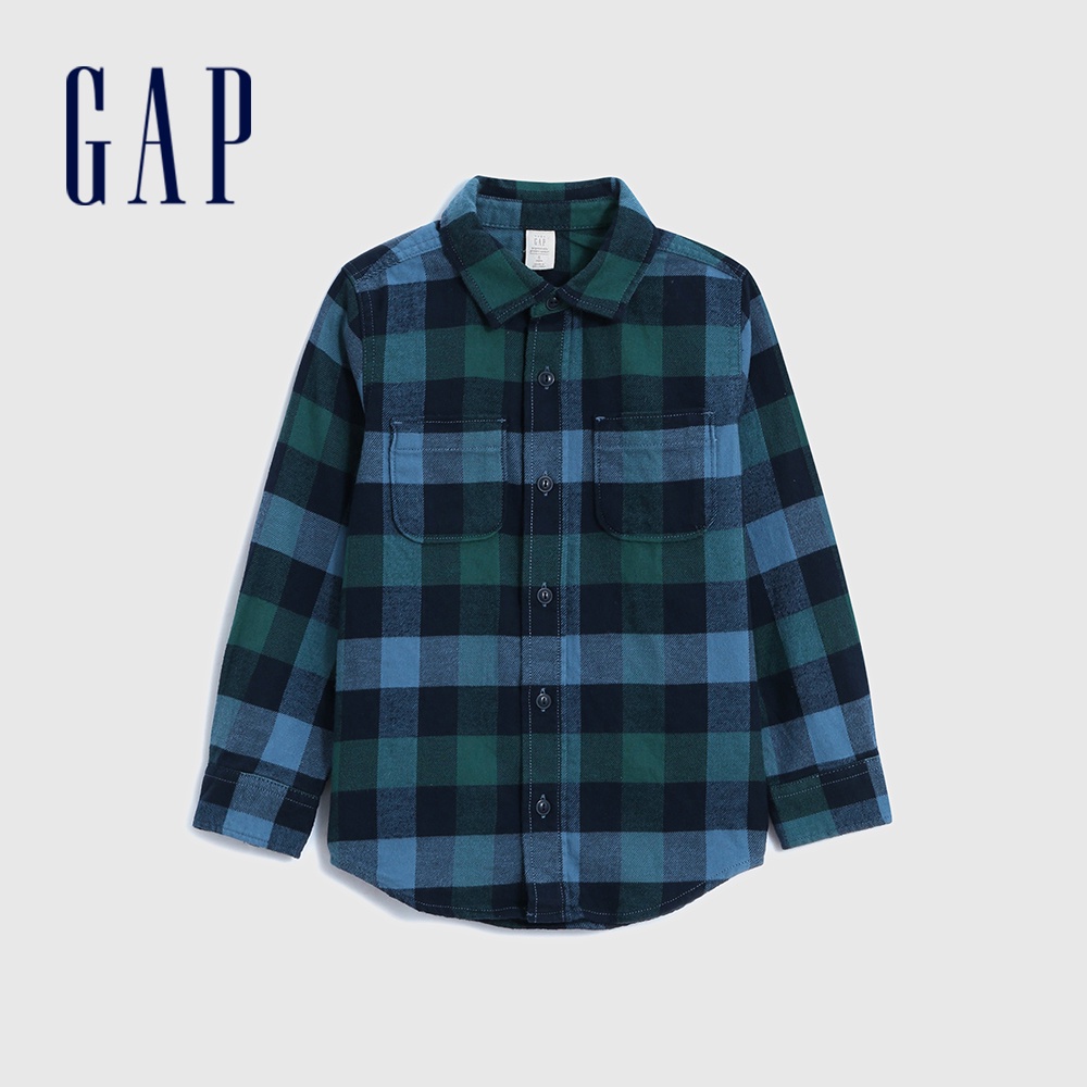 Gap 男幼童裝 法蘭絨格紋翻領襯衫-藍綠格紋(445283)