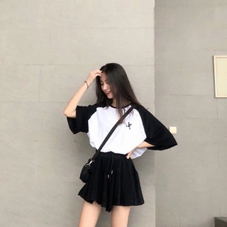 兩件式套裝 女生套裝#運動風 運動套裝 軟妹 裙子 短袖T恤時尚拼色短版上衣+高腰寬褲寬鬆休閒裝女%棉