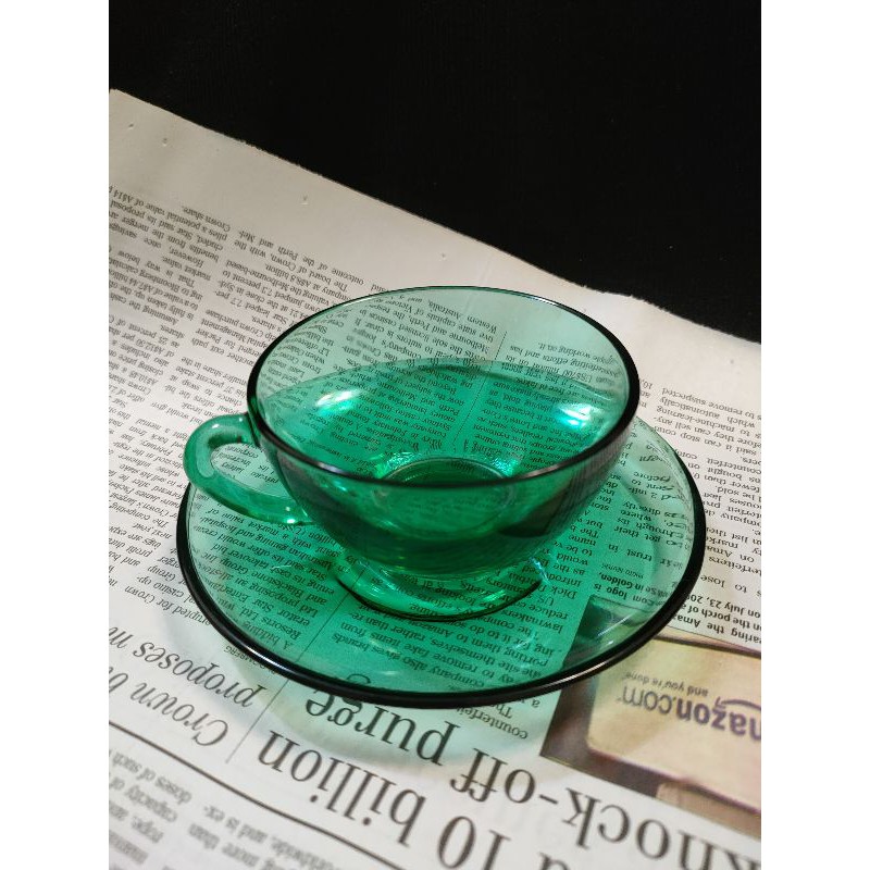 老木青 |法國樂美雅arcoroc綠光咖啡杯盤組 透明玻璃 咖啡盤 收藏