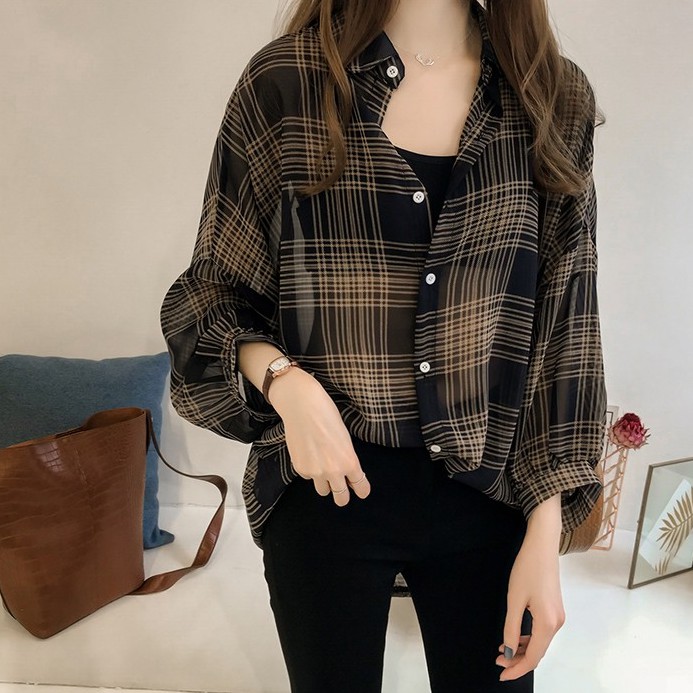 GOFO 長袖襯衫 OL穿搭韓系網紅時尚休閒寬鬆 微透 格子襯衫 防曬衫 冷氣衫 女生 夏季服飾 薄襯衫 雪紡襯衫