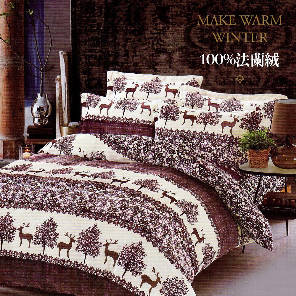 【iHOMI 愛好眠】100%法蘭絨雙人/加大床包兩用毯被組-雪地麋鹿
