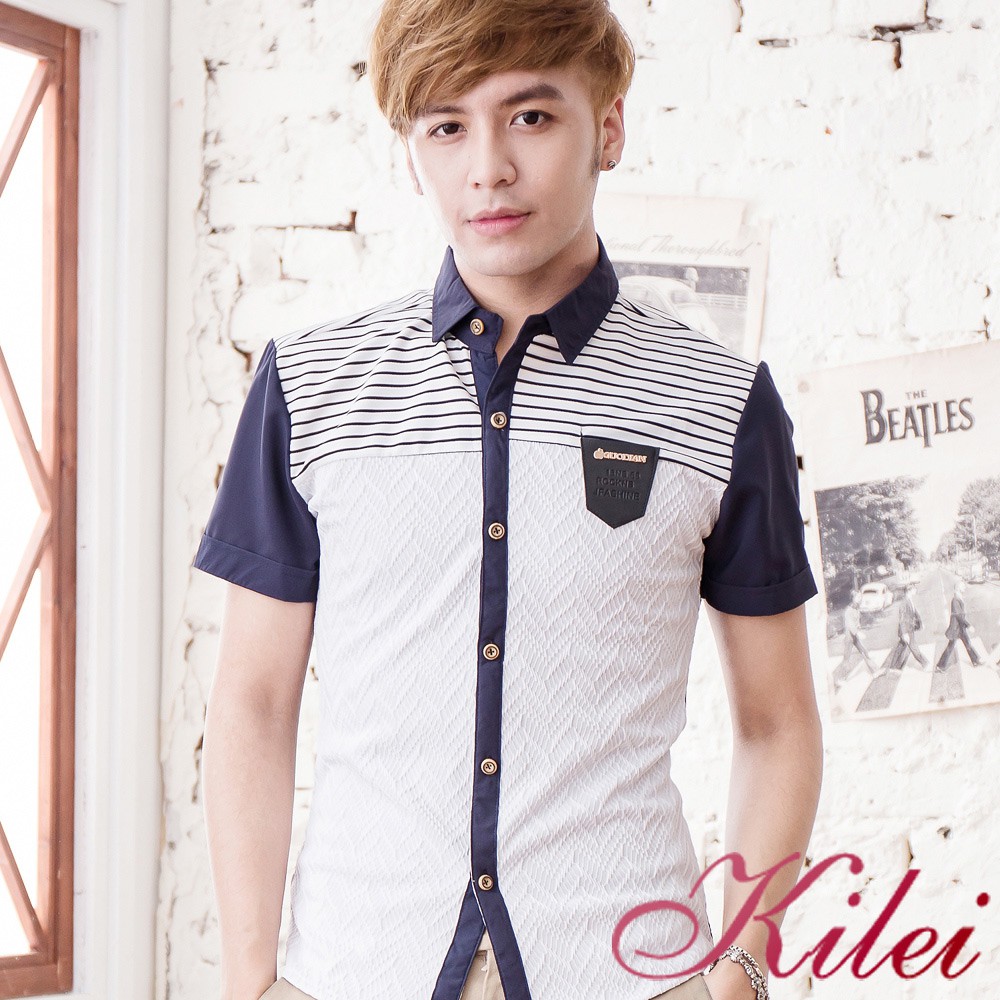 【Kilei】百搭橫條壓紋彈性襯衫XA1471(英倫藍)賠售特價