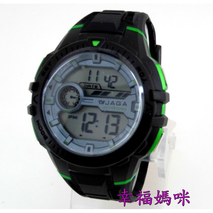【 幸福媽咪 】網路購物、門市服務 JAGA 捷卡 多功能時尚電子錶 M1171 (黑綠)