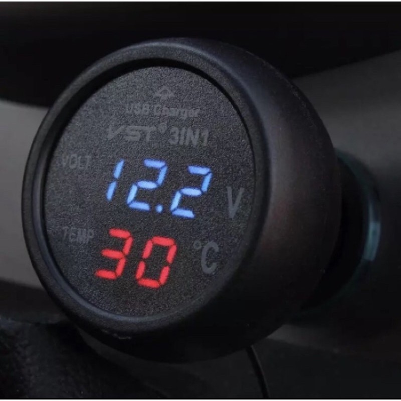 三合一 汽車電壓+溫度+車充 12V/24V 車用電壓表 溫度表 LED數位電壓錶 usb車充口 電瓶檢測 汽車電