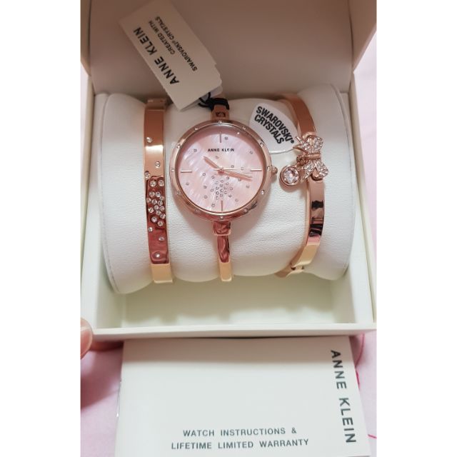 Anne Klein 玫瑰金粉紅色貝殼錶面 手錶手環組 全新 AK