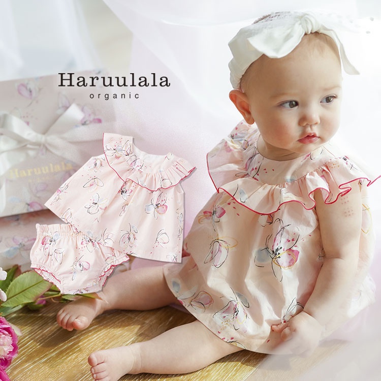 日本Haruulala【粉色童話_裙擺上衣＋包屁褲 70尺碼】4～10個月 有機棉 夏天洋裝 女寶 嬰兒送禮