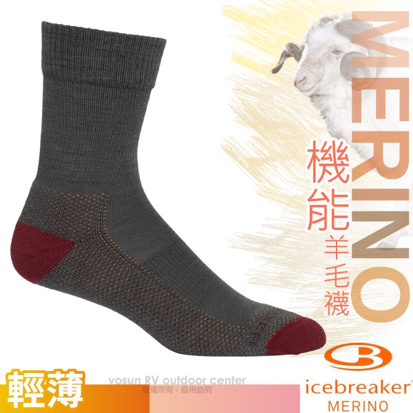 【紐西蘭 Icebreaker】女款美麗諾羊毛中筒薄毛圈登山健行襪(2入組)小腿襪/灰/紅_IB105108