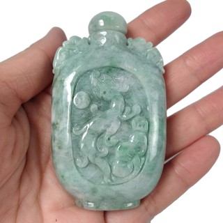 《博古珍藏》天然A貨緬甸玉冰糯種【翠底帶青龍鳳紋雙面雕鼻煙壺】老坑翡翠水頭飽滿．禮物飾品．底價回饋