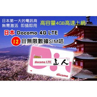 12天 吃到飽 日本DoCoMo Sim卡 無限流量吃到飽 日本上網卡 4GB高速4g上網 日本網卡sim卡