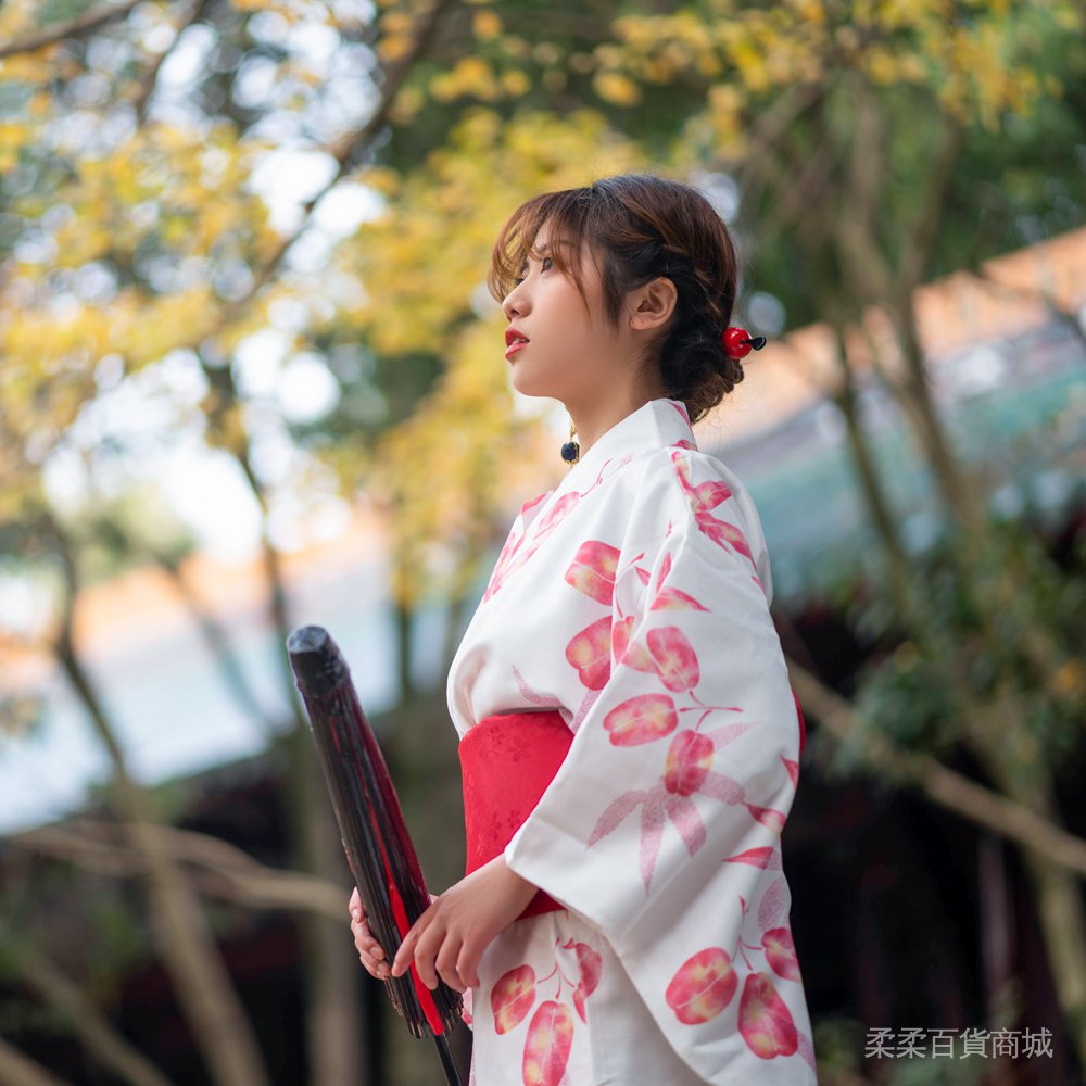 日式和風和服紅楓葉柄古典嫻靜氣質傳統店服溫泉浴衣yukata寫真女柔柔| 蝦皮購物