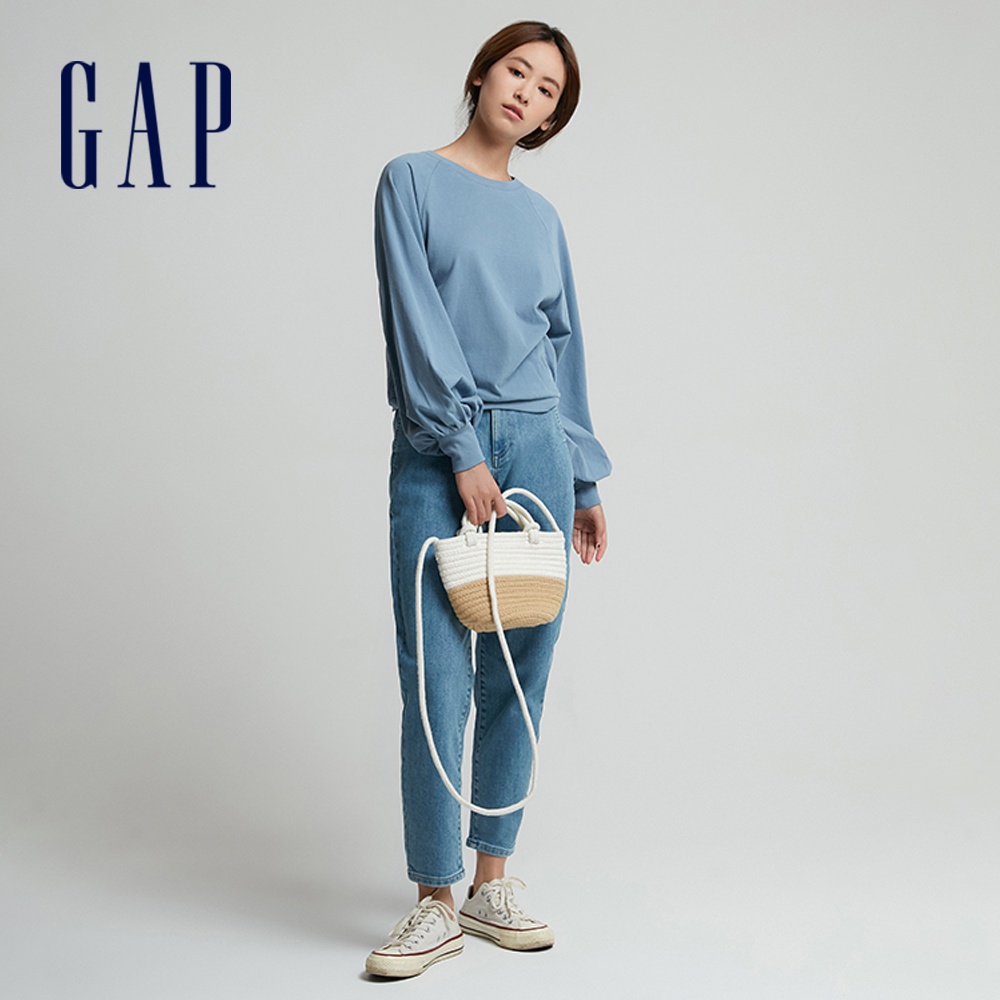 Gap 女裝 寬鬆燈籠袖T恤 厚磅密織碳素軟磨系列-藍色(753685)