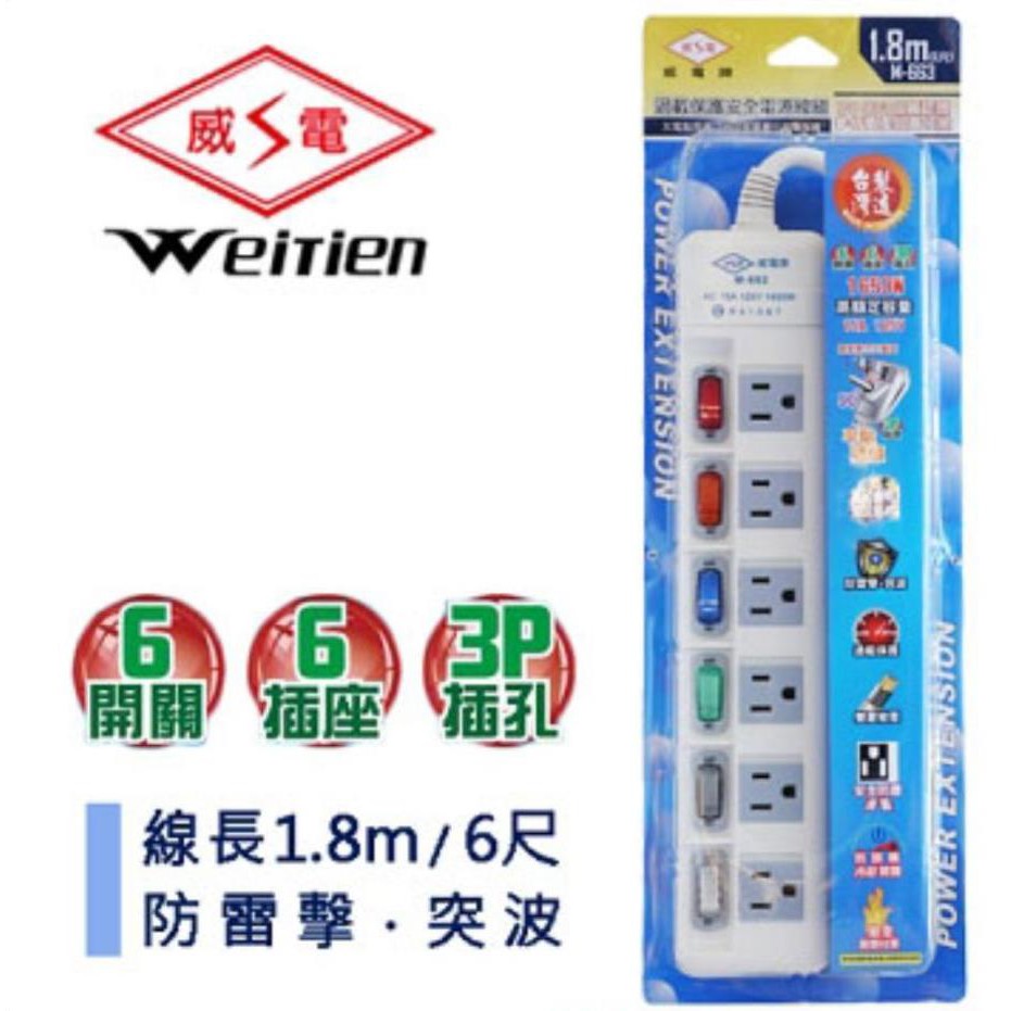 《日樣》威電牌 6尺 1.8米六孔電源延長線插座 三孔 1200w 延長線插頭 獨立開關 台灣製造 合格認證 110v