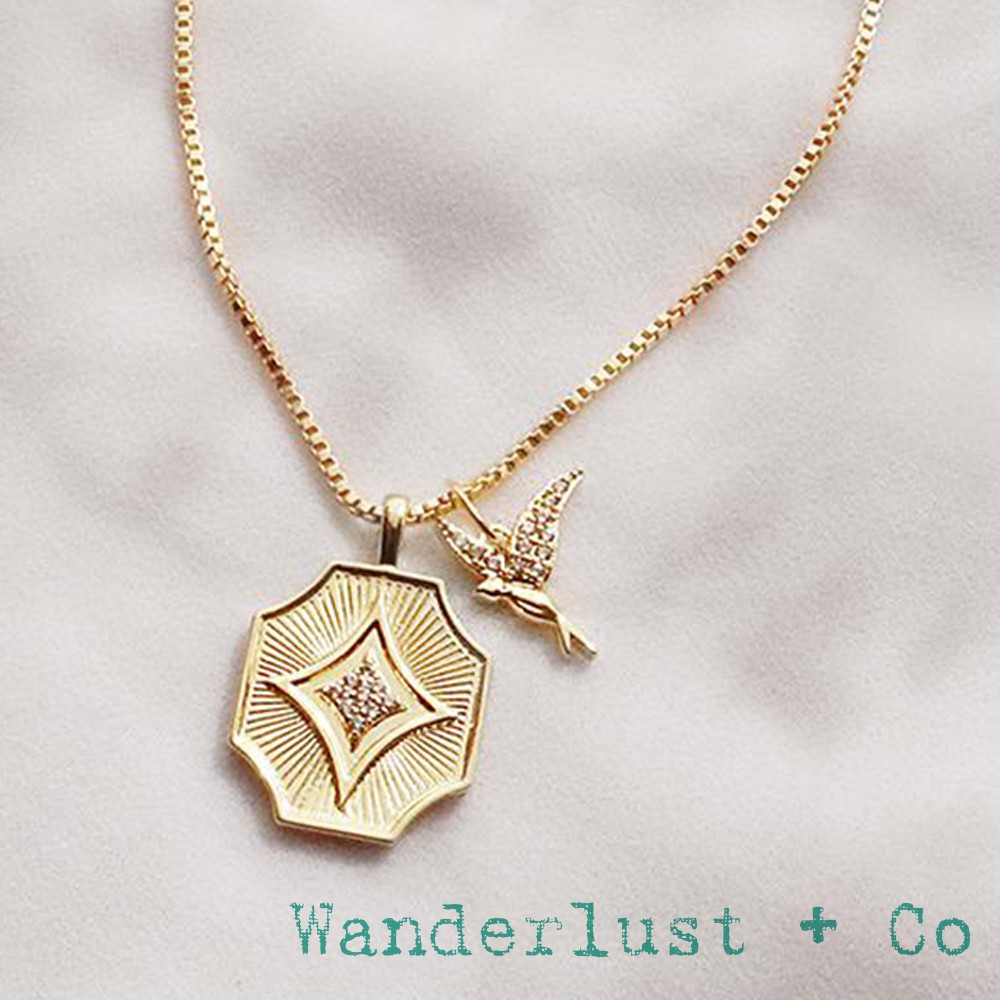 Wanderlust+Co 澳洲品牌 金色蜂鳥項鍊 鑲鑽八角形錢幣項鍊 Hummingbird 幸福純真永恆