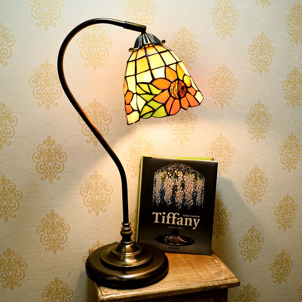 7"太陽花曲線銅座桌燈|Tiffany蒂芬妮手工彩繪玻璃桌燈