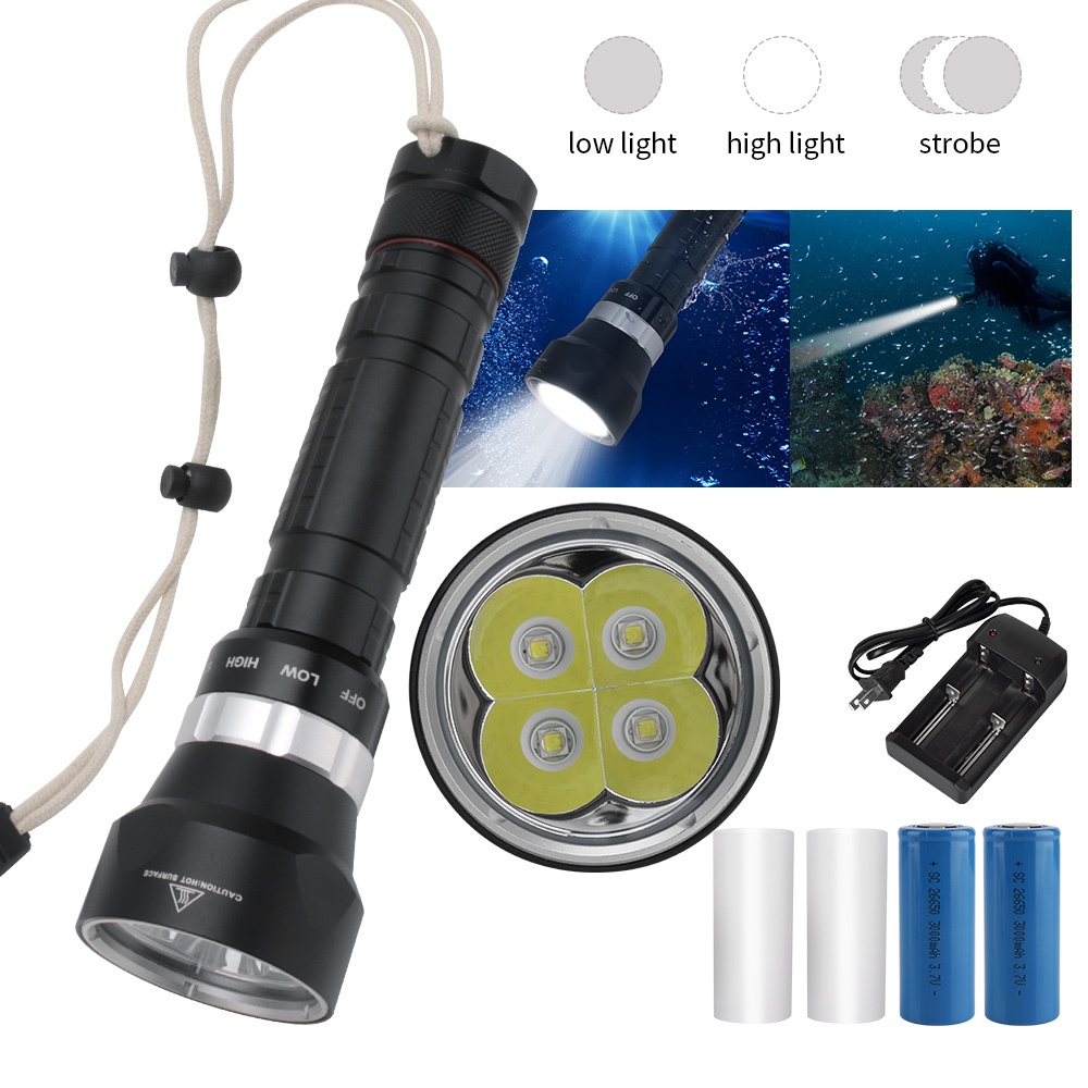 4000lm 4* XM-L2 U2 LED 防水水下 100M 潛水手電筒手電筒燈 3 模式使用 18650 或 26