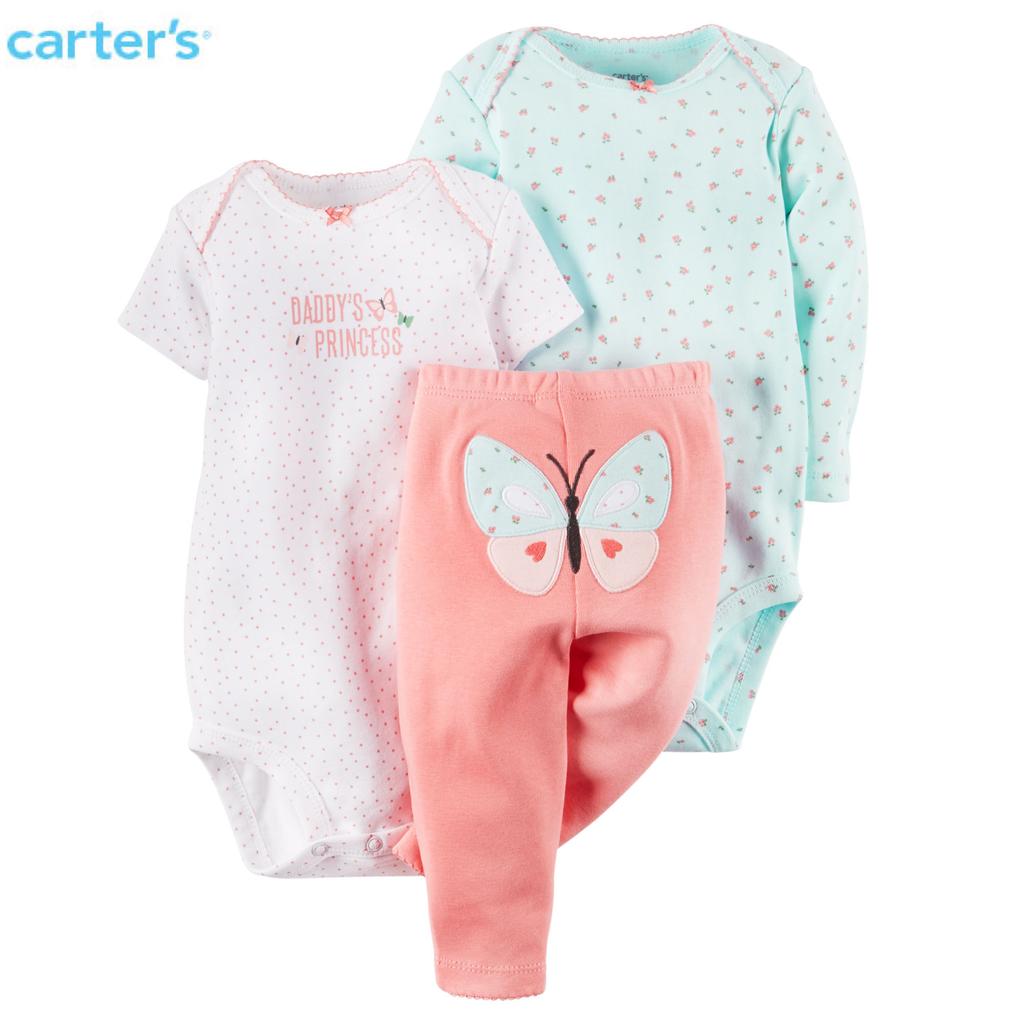 美國Carter's正品 女寶寶粉紅蝴蝶長、短袖包屁衣＋長褲三件組3M-24M