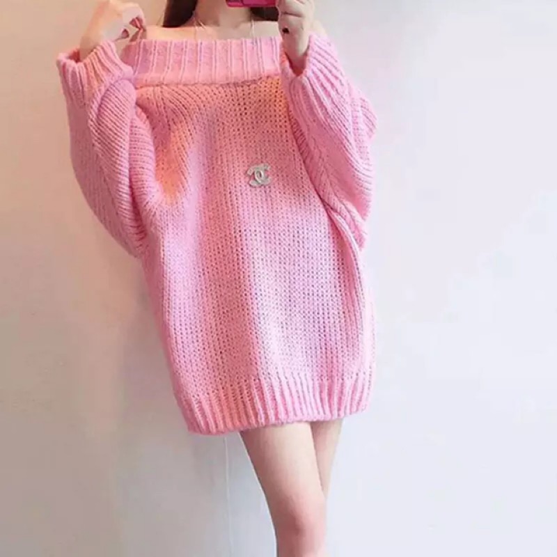 韓版粉色一字領毛衣🍎LOVE KIKI時尚精品 中長款羊絨衫