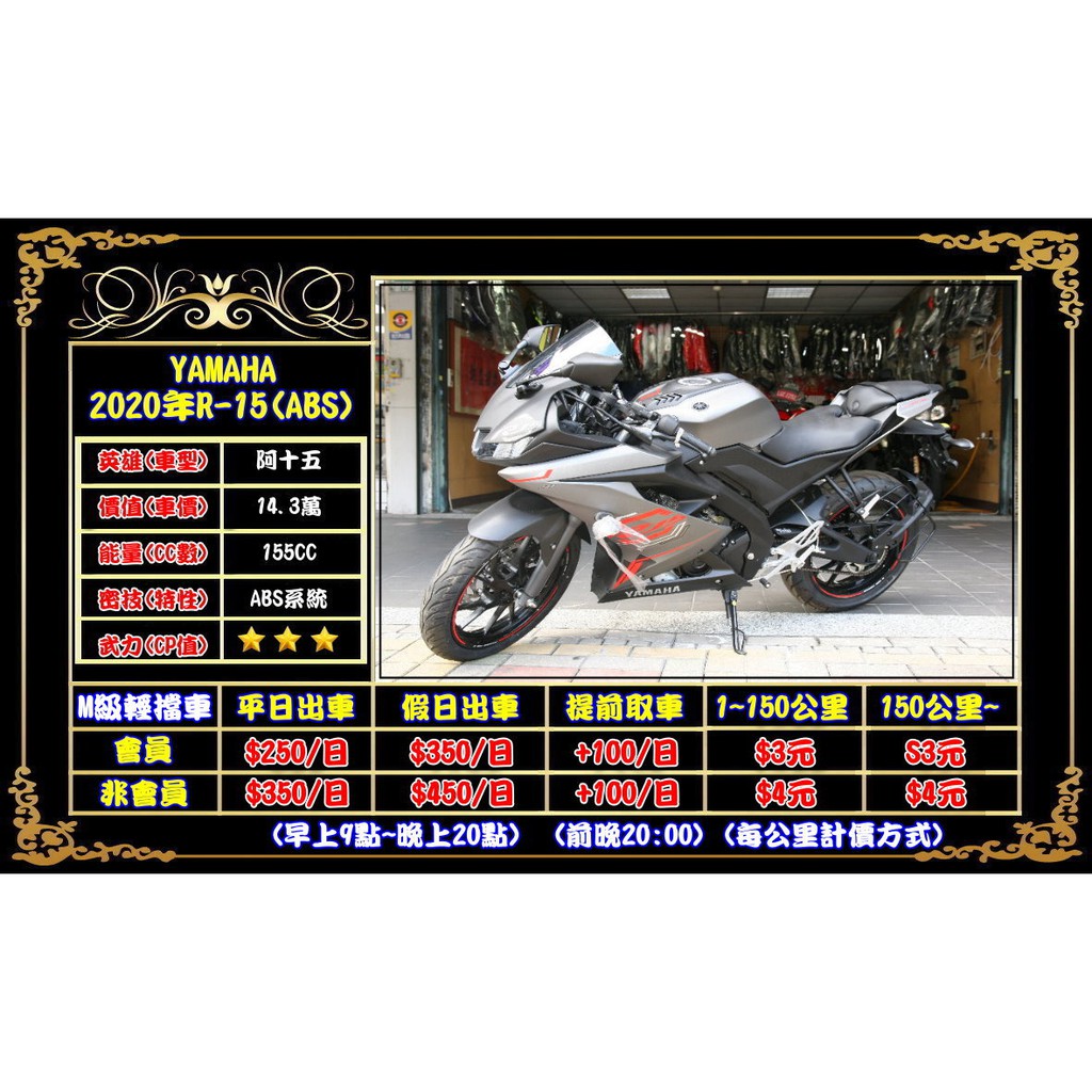 2020年yamaha R15 Abs 三重租白牌重機 可刷國旅卡 三重千大 白牌重型機車出租 R15出租券 蝦皮購物