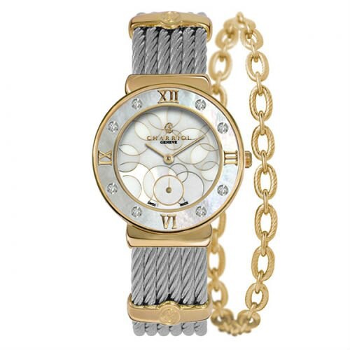 CHARRIOL 夏利豪 ST30YD560029 真鑽香檳金經典鋼索腕錶 / 環繞珍珠母貝面 30mm
