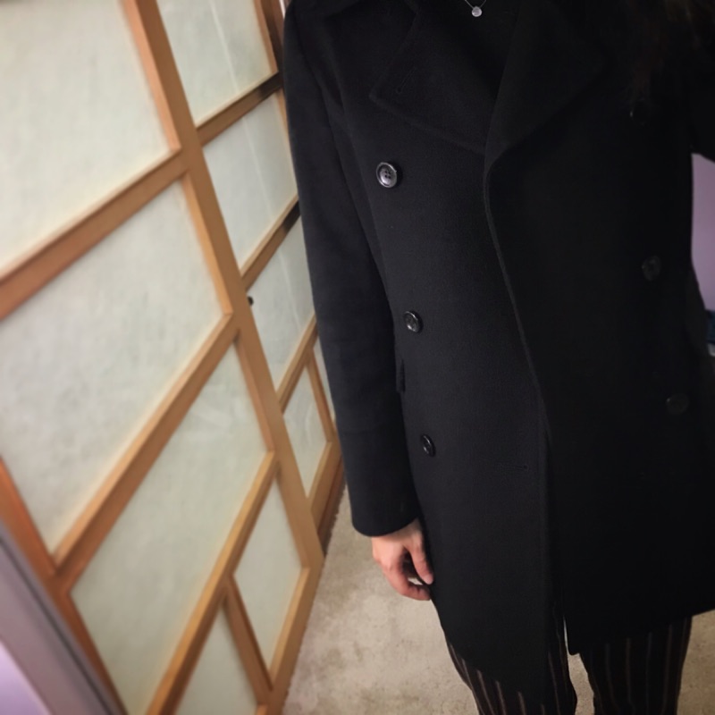 日本Vicky 黑色混羊毛雙排扣大衣