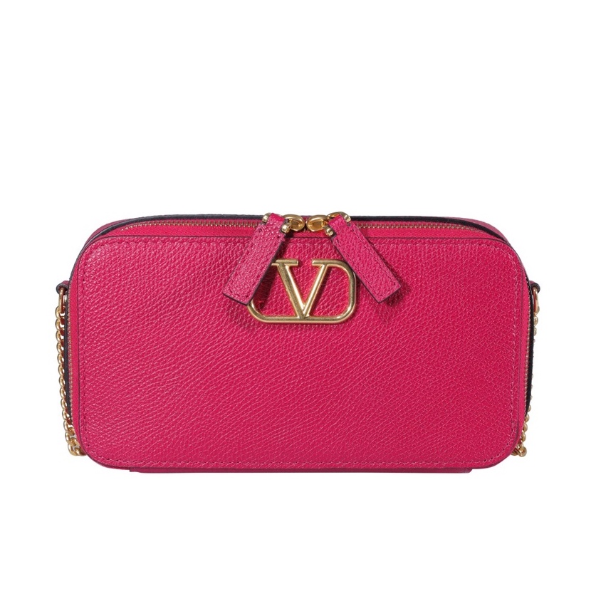 Valentino V Logo 粒面小牛皮相機包 海棠紫紅色