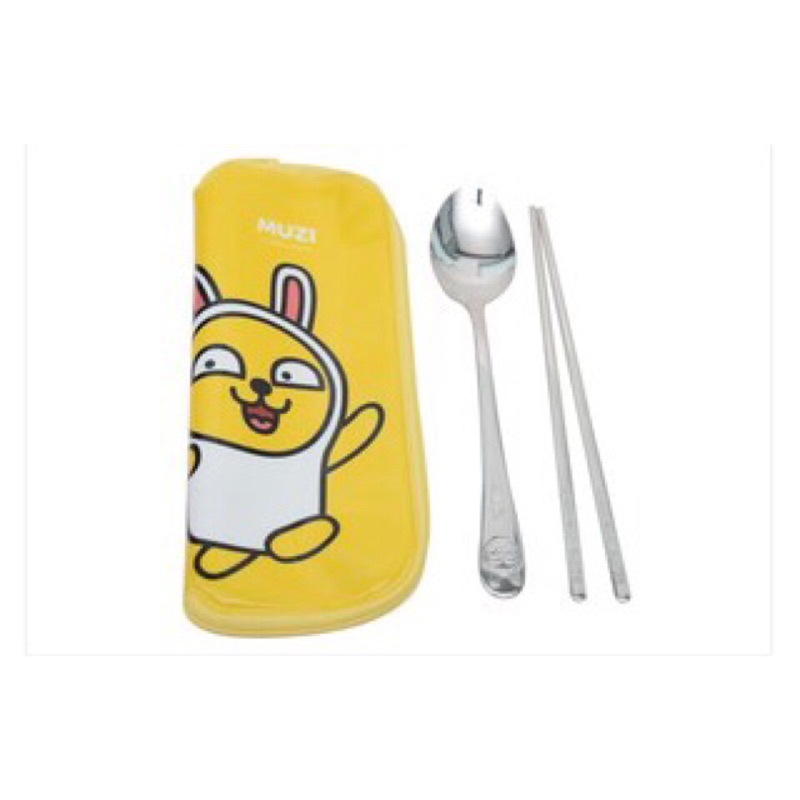 現貨 韓國玩具街代購KAKAO FRIENDS 黃色醃蘿蔔三件組 鐵湯匙+鐵筷+餐具袋