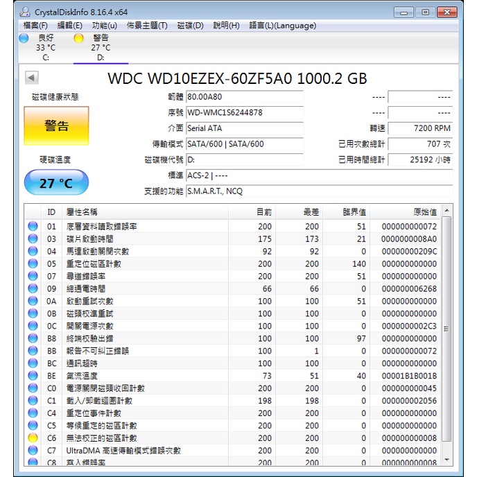 WD WD10EZEX 1T  硬碟 有警告與壞軌 保固1個月 可面交自取測試
