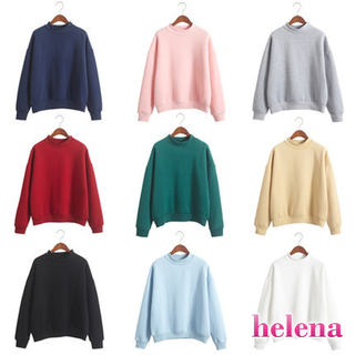 【Helena】加絨半高領大學T 刷毛長袖上衣 小立領衛衣 內搭衫 t恤 寬鬆顯瘦百搭加厚套頭衛衣 上衣女【A226】