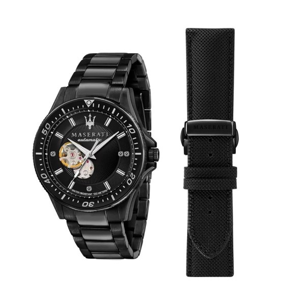 【Maserati 瑪莎拉蒂】SFIDA晶鑽鏤空機械鋼帶腕錶+真皮錶帶套組-霸氣黑/R8823140005/台灣總代理公