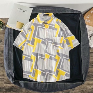 日式街頭嘻哈旅行度假襯衫男士印花夏季襯衫大碼寬鬆夏威夷襯衫