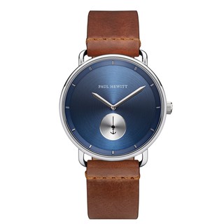 PAUL HEWITT德國船錨造型設計師品牌手錶 BREAKWATER LINE 破浪風格系列-藍面x銀框x咖啡真皮