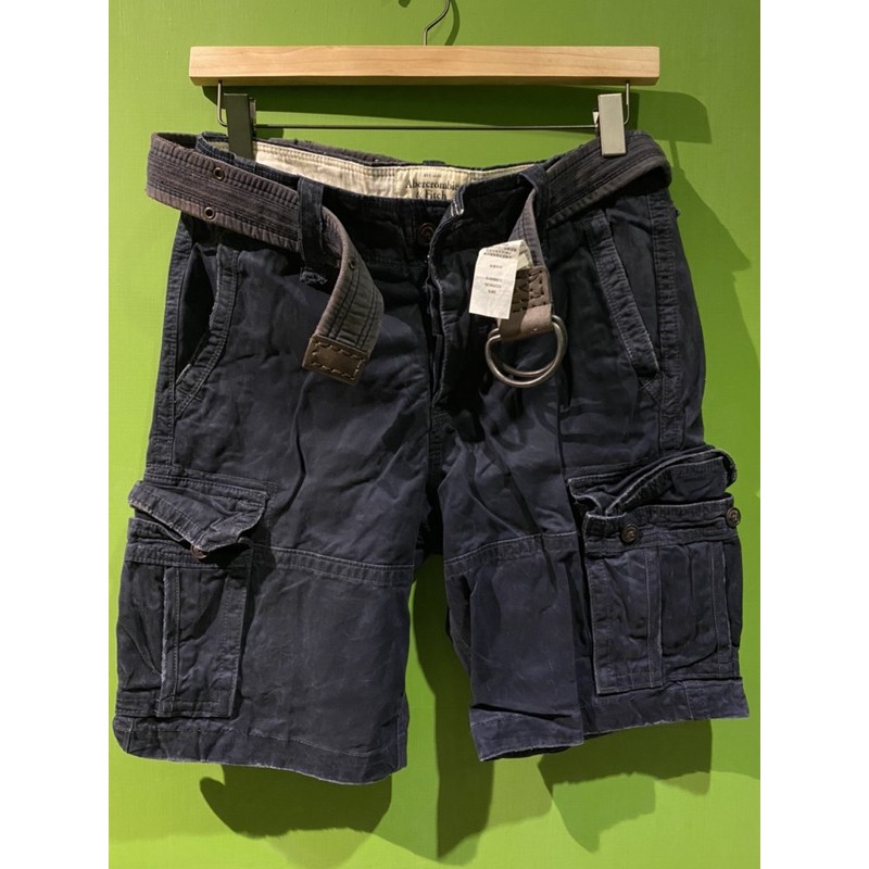 Abercrombie &amp; Fitch 重磅短褲 30腰 高磅 工作褲 深藍色 附腰帶 邊緣破損設計
