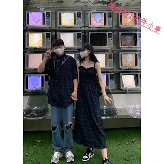 【COUPLE】藏藍色格子💕情侶裝💕夏季顯瘦吊帶連衣裙