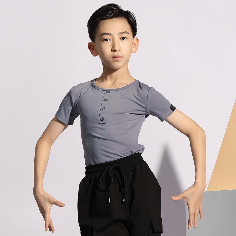 少兒 男童 國標 拉丁舞蹈 上衣 夏季 短袖 舒適 棉 形體 跳舞 訓練 考級 服 兒童舞蹈服 國標舞蹈服