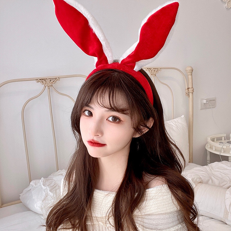 网红韩版日系卡通毛絨兔子耳朵髮箍頭箍耶誕節兔子耳朵頭扣發卡派對兔子髮箍