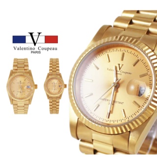 【天龜】Valentino Coupeau 范倫鐵諾 刻紋框邊釘面全亮金不鏽鋼殼帶防水男女錶