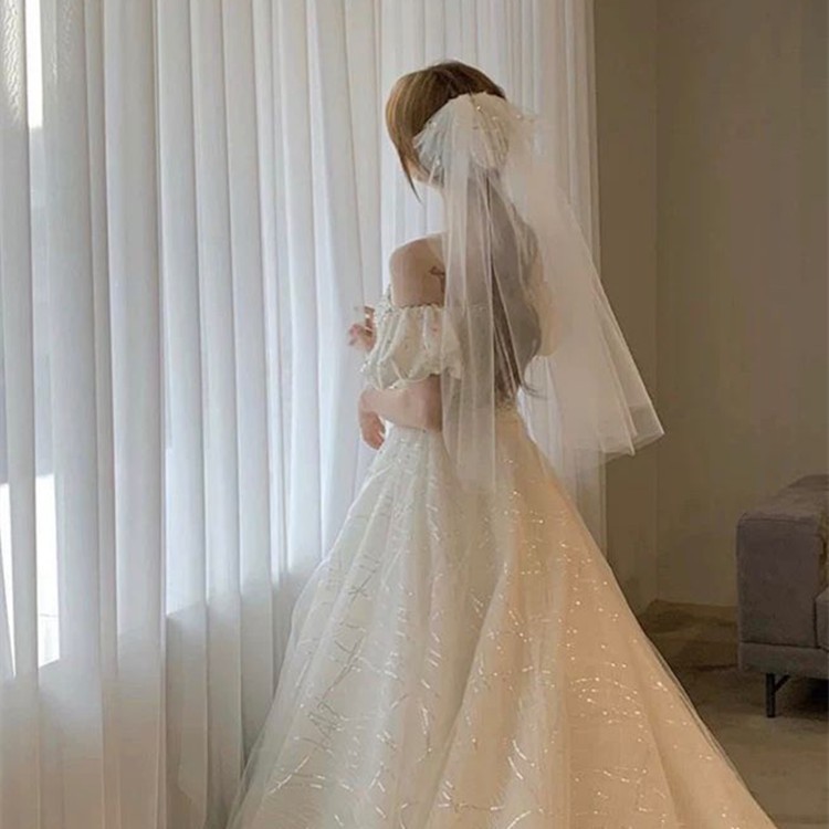 年末大促 韓式釘珠娘結婚頭紗白色香檳色短款出門頭紗領證拍畢業照小頭紗 蝦皮購物