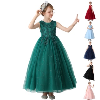 女童蕾絲公主裙 中大童紅色黑色綠色洋裝 花童婚紗禮服 幼兒園表演服裝 甜美風蓬蓬網紗裙