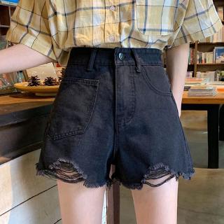 蔓莎💞2025夏季女裝高腰直筒闊腿假口袋寬松顯瘦毛邊黑色破洞牛仔短褲潮 女生短褲