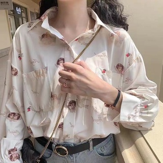 復古港風心形紐扣燈籠袖寬鬆防曬襯衫少女設計感小眾氣質百搭上衣