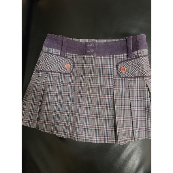 專櫃MI-RO麂皮邊紫色格子挺百褶裙短裙