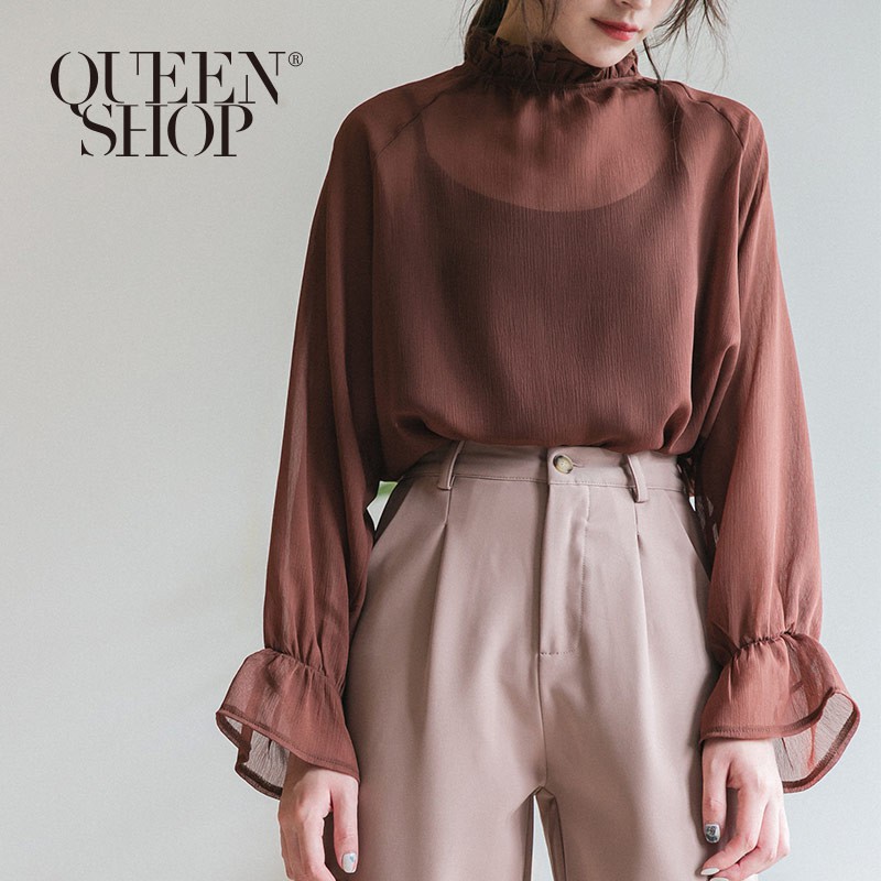 QUEENSHOP_ S  荷葉小高領雪紡上衣 兩色售 現+預 【01096358】