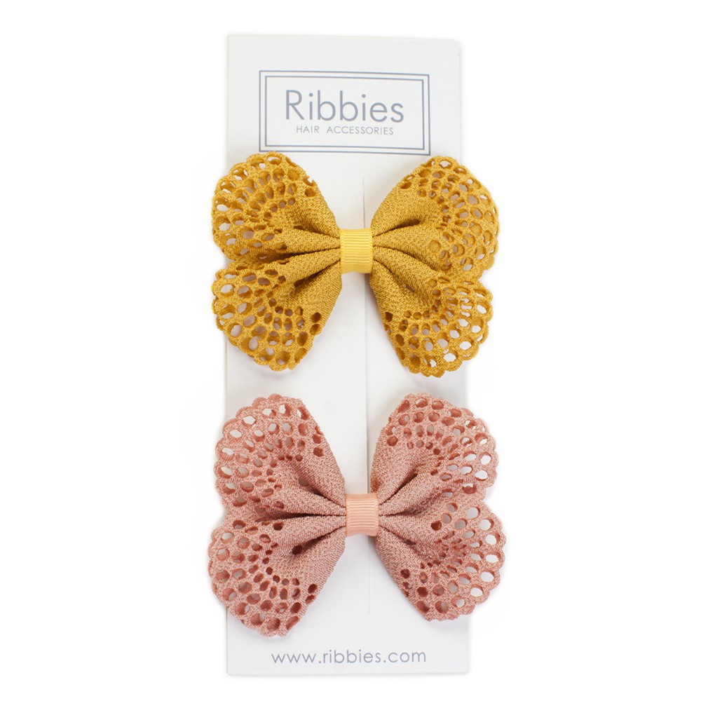 英國Ribbies 典雅洞洞蝴蝶結髮夾2入-黃 玫瑰粉