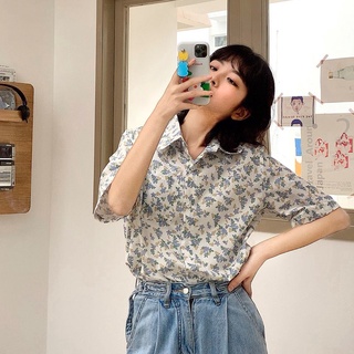 Polo衫日系碎花襯衫女小清新正肩新款復古學生設計感小眾上衣夏季
