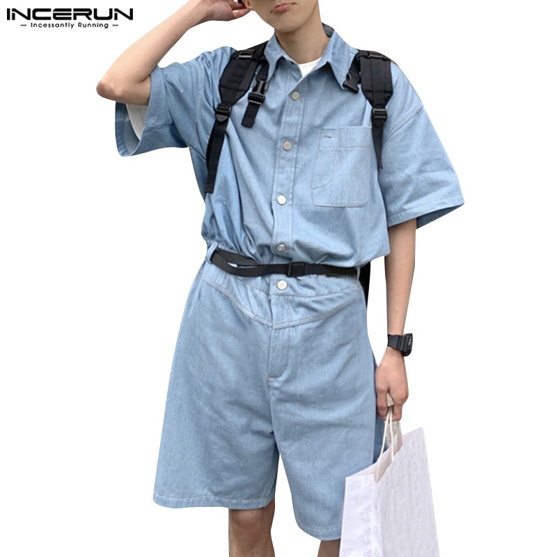 Incerun 男士夏季短袖牛仔工作服鈕扣工作服連身褲